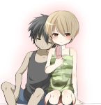  1boy 1girl black_hair blush brown_eyes brown_hair cellphone closed_eyes dark_skin hiroto_(re:kinder) lying_on_person phone re:kinder rei_(re:kinder) short_hair shorts sitting tank_top 