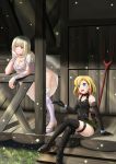  2girls 7nanappe artemis_(junketsu_no_maria) blonde_hair blue_eyes breasts earrings elbow_gloves gloves highres jewelry junketsu_no_maria maria_(junketsu_no_maria) multiple_girls red_eyes short_hair smile thigh-highs thigh_strap 