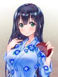  1girl black_hair blush breasts comb green_eyes japanese_clothes kimono large_breasts long_hair looking_at_viewer smile solo tougou_mimori tsujigiri upper_body yukata yuuki_yuuna_wa_yuusha_de_aru 