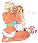  2girls barefoot blonde_hair blue_eyes blush breasts dark_skin highres indian_style jewelry large_breasts long_hair looking_back multiple_girls necklace open_mouth original real_xxiii real_xxiii&#039;s_ahoge_girl real_xxiii&#039;s_dark_skinned_girl short_hair simple_background sitting smile striped striped_legwear thigh-highs white_background 