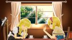  2girls alice_margatroid apron blonde_hair blue_eyes blush braid capelet closed_eyes couple cup curtains hairband hat hat_removed headwear_removed highres indo_(mdtanaka2007) kirisame_marisa long_hair multiple_girls open_mouth short_hair side_braid smile talking teacup touhou waist_apron window witch_hat 