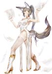  1girl animal_ears black_hair boots breasts brown_eyes china_dress chinese_clothes fox_ears from_behind highres large_breasts long_hair miri_nanase one_eye_closed open_mouth original pantyhose paper ponytail smile solo tail thighs very_long_hair white_background 