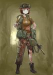  1girl :/ assault_rifle backpack backwards_hat bag bandages blood bloody_clothes brown_eyes brown_hair camouflage canteen dog_tags erica_(naze1940) facepaint fingerless_gloves gloves goggles gun hand_on_hip hat highres load_bearing_equipment looking_at_viewer m16 midriff military military_uniform original pants pouch rifle shirt short_hair sling soldier solo t-shirt torn_clothes torn_pants torn_shirt uniform weapon 