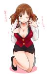  1girl breasts brown_eyes brown_hair cleavage eri_(resia) highres idolmaster idolmaster_cinderella_girls one_eye_closed solo totoki_airi translation_request twintails 