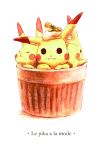  :&lt; black_eyes blush closed_eyes food food_on_head french graphite_(medium) looking_at_viewer no_humans object_on_head pikachu pokemon pokemon_(creature) ramekin traditional_media watercolor_(medium) white_background yuki338 