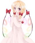 1girl alternate_costume alternate_hairstyle asymmetrical_wings blonde_hair eyes_visible_through_hair flandre_scarlet hair_between_eyes highres looking_at_viewer low_twintails ma-a open_mouth pajamas red_eyes short_hair sketch solo touhou twintails wings 