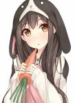  1girl akagi_(kantai_collection) animal_hood brown_hair bunny_hood carrot food hood hoodie kantai_collection long_hair open_mouth rabbit shuuichi solo 