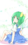  1girl blush bow daiyousei fairy_wings from_behind green_eyes green_hair hair_bow heart heart-shaped_pupils looking_back mickeysmith open_mouth side_ponytail solo symbol-shaped_pupils touhou wings 