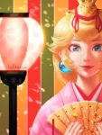  1girl bellhenge blonde_hair blue_eyes crown highres japanese_clothes kimono lips long_hair nose princess_peach smile solo super_mario_bros. 