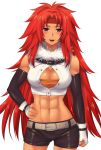  1girl :d belt breasts cleavage clenched_hand detached_sleeves fingerless_gloves gloves hand_on_hip headband large_breasts long_hair midriff mylovelydevil open_mouth queen&#039;s_blade redhead risty shorts six_pack smile solo spiky_hair teeth violet_eyes 