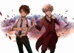  2boys aldnoah.zero beartoris blonde_hair brown_eyes brown_hair cup drinking green_eyes highres kaizuka_inaho multiple_boys silver_hair slaine_troyard teacup 