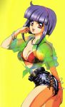  1girl 90s absurdres breasts collar hairband highres looking_at_viewer mon_mon oldschool purple_hair red_eyes short_hair smile solo 
