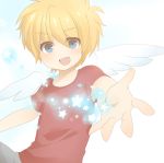  1boy angel_wings fang open_mouth outstretched_arm re:kinder red_shirt shirt short_hair smile solo spoilers star takumi_(re:kinder) takumiel wings 