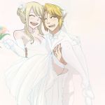  1boy 1girl blonde_hair dress fairy_tail jewelry link lucy_heartfilia mashima_hiro miyamoto_shigeru nintendo pointy_ears ring the_legend_of_zelda thigh-highs tuxedo wedding wedding_dress wedding_ring 