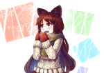  1girl animal_ears azumi_(madogiwa_bocchi_seki) brown_hair imaizumi_kagerou long_hair mittens open_mouth red_eyes solo sweater touhou winter_clothes wolf_ears 