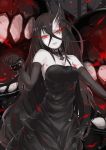  1girl bare_shoulders battleship_water_oni black_dress black_gloves black_hair bracelet breasts choker cleavage dress elbow_gloves gloves hair_between_eyes horn jewelry kantai_collection long_hair looking_at_viewer machinery pale_skin red_eyes shinkaisei-kan solo spiked_bracelet spikes strapless_dress very_long_hair yakku 