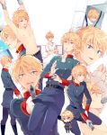  aldnoah.zero astronaut blonde_hair blue_eyes chibi cuffs gun handcuffs harugano military military_uniform multiple_persona slaine_troyard uniform weapon 