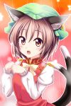  1girl animal_ears bow brown_hair cat_ears cat_tail chen earrings fang hat highres jewelry multiple_tails open_mouth paw_pose reimei_(r758120518) short_hair solo tail touhou 