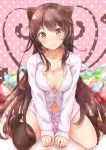  :3 absurdres animal_ears blush breasts brown_eyes brown_hair cat_ears cleavage cream food_on_body highres jewelry large_breasts long_hair navel necklace shirt sitting smile takeya_y0615 thigh-highs wariza 