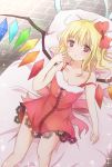  1girl blonde_hair blush bow camisole collarbone flandre_scarlet hair_bow heart heart-shaped_pupils highres lace lying mickeysmith open_mouth red_eyes solo symbol-shaped_pupils touhou wings 