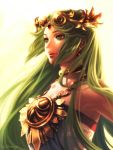  1girl backlighting bare_shoulders bellhenge choker green_eyes green_hair highres jewelry kid_icarus kid_icarus_uprising lips long_hair necklace nose palutena smile solo tiara toga upper_body very_long_hair 
