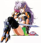  80s absurdres armor bikini_armor bird boots character_request elf high_heels highres jewelry miyazaki_kenjin official_art oldschool parrot pointy_ears purple_hair see-through shoulder_pads slime sword weapon 