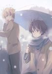  2boys aldnoah.zero blonde_hair brown_hair kaizuka_inaho multiple_boys scarf slaine_troyard snowing umbrella xhouz 