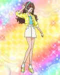  1girl ;d amanogawa_kirara bangs blue_headband blunt_bangs bracelet brown_hair earrings full_body go!_princess_precure headband highres jacket jewelry long_hair low_twintails official_art one_eye_closed open_clothes open_jacket open_mouth precure precure_connection_puzzlun skirt smile socks solo standing star_(symbol) star_earrings third-party_source twintails violet_eyes white_skirt yellow_jacket 