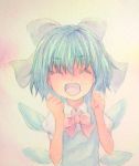  1girl acrylic_paint_(medium) arms_up blue_hair bow cirno closed_eyes dress eyelashes graphite_(medium) hair_bow happy highres ice ice_wings open_mouth short_hair smile solo texture touhou traditional_media upper_body watercolor_(medium) wings yuyu_(00365676) 
