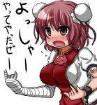  1girl \m/ breasts bun_cover chain cuffs d-kureta double_\m/ flower ibaraki_kasen large_breasts manacles open_mouth pink_eyes pink_hair puffy_short_sleeves puffy_sleeves rose short_hair short_sleeves solo sweat tabard touhou translated 