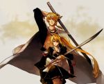  1boy 1girl blonde_hair cape chacall hanzou_(sumomomo_momomo) katana long_hair miyamoto_iroha ponytail side_ponytail sumomomo_momomo sword very_long_hair weapon 