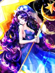  1girl blue_dress closed_eyes cookie_run dress earrings elbow_gloves gloves hat jewelry long_hair moonlight_cookie purple_hair ruck solo staff strapless_dress very_long_hair white_gloves 