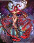  1girl breasts cleavage detached_sleeves dragon&#039;s_shadow feathered_wings floating horns large_breasts long_hair official_art red_eyes redhead shadowgrave slit_pupils thorns wings 