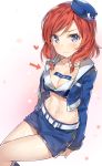  1girl breasts cleavage commentary_request cozyquilt cropped_jacket directional_arrow hat highres love_live!_school_idol_project midriff miniskirt navel nishikino_maki pencil_skirt police police_uniform redhead short_hair skirt solo uniform wavy_mouth 