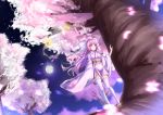  absurdres bell bow cherry_blossoms clog_sandals flower highres japanese_clothes long_hair moon moro_(pixiv6272977) night night_sky original personification pink_hair ribbon sky tree white_legwear yellow_eyes 