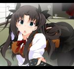  1girl black_hair blue_eyes carnival_phantasm controller fate/stay_night fate_(series) hair_ribbon highres remote_control ribbon school_uniform thigh-highs toosaka_rin two_side_up vane 