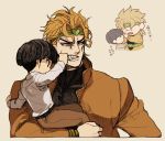  annoyed black_hair blonde_hair bruise carrying chibi_inset dio_brando fangs father_and_son giorno_giovanna headband holding injury jojo_no_kimyou_na_bouken li_sakura line_shading mouth_pull tearing_up translation_request yellow_eyes 