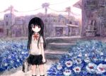 1girl :/ acrylic_paint_(medium) bag black_hair box building bush clenched_hand colored_pencil_(medium) commentary flower hair_ornament hairclip holding house long_hair natsume_no_kijiro neck_ribbon original pleated_skirt power_lines red_eyes ribbon road school_bag school_uniform short_sleeves skirt sky solo stairs street telephone_pole town traditional_media watercolor_(medium) 