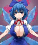  alternate_breast_size black_bra blue_eyes blue_hair bow bra breasts cirno cleavage hair_bow huge_breasts ice ice_wings long_hair looking_at_viewer parted_lips tk_(artist) torn_clothes touhou underwear wings 