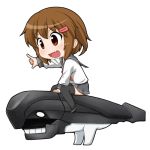  1girl brown_eyes brown_hair chibi fang hair_ornament hairclip i-class_destroyer ikazuchi_(kantai_collection) kageyama_mari kantai_collection open_mouth pointing shinkaisei-kan short_hair sitting thigh-highs 