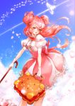  1girl bow cherry_blossom_cookie cherry_blossoms cookie_run gloves long_hair parasol petals pink_eyes pink_hair pink_skirt puffy_short_sleeves puffy_sleeves ruck short_sleeves skirt smile solo suitcase twintails two_side_up umbrella white_gloves 