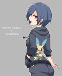  1girl ass blue_hair copyright_name from_behind grey_background hair_over_one_eye hand_in_pocket hoodie kirishima_touka looking_back minun mootor open_mouth outline poke_ball pokemon red_eyes short_hair simple_background solo star tokyo_ghoul 