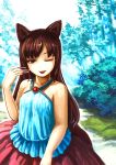  1girl adapted_costume alternate_costume animal_ears azumi_(madogiwa_bocchi_seki) brooch brown_eyes brown_hair dress fingernails highres imaizumi_kagerou jewelry long_fingernails long_hair looking_at_viewer nail_polish nature sleeveless smile solo tongue tongue_out touhou tree wolf_ears 