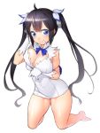  1girl barefoot black_hair blue_eyes breasts cleavage dungeon_ni_deai_wo_motomeru_no_wa_machigatteiru_darou_ka gloves hair_ribbon hestia_(danmachi) kneeling large_breasts long_hair looking_at_viewer onsoku_maru rei_no_himo ribbon smile solo twintails white_gloves 