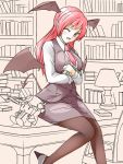  1girl asagaya bat_wings black_legwear breasts character_doll demon_tail demon_wings dress_shirt head_wings high_heels koakuma large_breasts library long_hair looking_at_viewer miniskirt object_hug objectification one_eye_closed pantyhose patchouli_knowledge pointy_ears red_eyes redhead shirt sitting_on_desk skirt skirt_set solo tail touhou vest white_blouse wings 