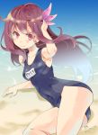  1girl adjusting_hair arm_support arm_up armpits artist_name beach blush brown_eyes brown_hair collarbone covered_navel flower hair_flower hair_ornament highres imu_sanjo kantai_collection kisaragi_(kantai_collection) long_hair looking_at_viewer lying on_side one-piece_swimsuit sand school_swimsuit skin_tight smile solo swimsuit water wind 