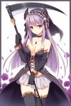  1girl bare_shoulders black_gloves black_legwear bracelet choker elbow_gloves flower gloves hair_between_eyes hair_ornament hairband horns jewelry lolita_hairband long_hair petals pink_eyes pointy_ears purple_hair reimin rose rose_petals scythe skirt skull_hair_ornament slit_pupils solo 