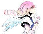  1girl blonde_hair blue_eyes blush feathered_wings glasses gradient_hair megurine_luka multicolored_hair no_logic_(vocaloid) paper pink_hair red-framed_glasses school_uniform serafuku short_hair short_sleeves solo song_name two-tone_hair vocaloid wings 