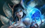  1girl ahri animal_ears bare_shoulders black_hair breasts cleavage detached_sleeves energy_ball facial_mark fingernails fox_ears fox_tail league_of_legends lipstick long_fingernails looking_at_viewer makeup multiple_tails nail_polish r_pg red_nails solo tail yellow_eyes 