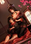  2girls as109 bangs breasts cleavage combing dutch_angle highres japanese_clothes kimono lantern long_hair multiple_girls off_shoulder petals red_eyes sitting 